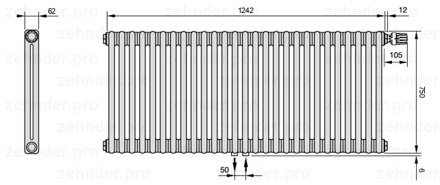 Схема (чертеж) Радиатор Zehnder Charleston 2075/27 №V008 Белый глянцевый RAL 9016